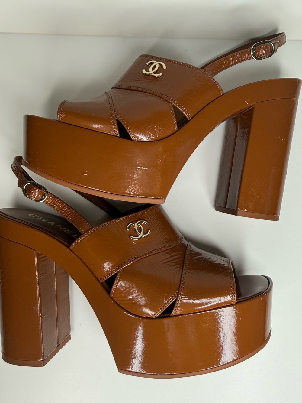 Chanel Crumpled Patent Lambskin Platform Sandals – Caramel Brown